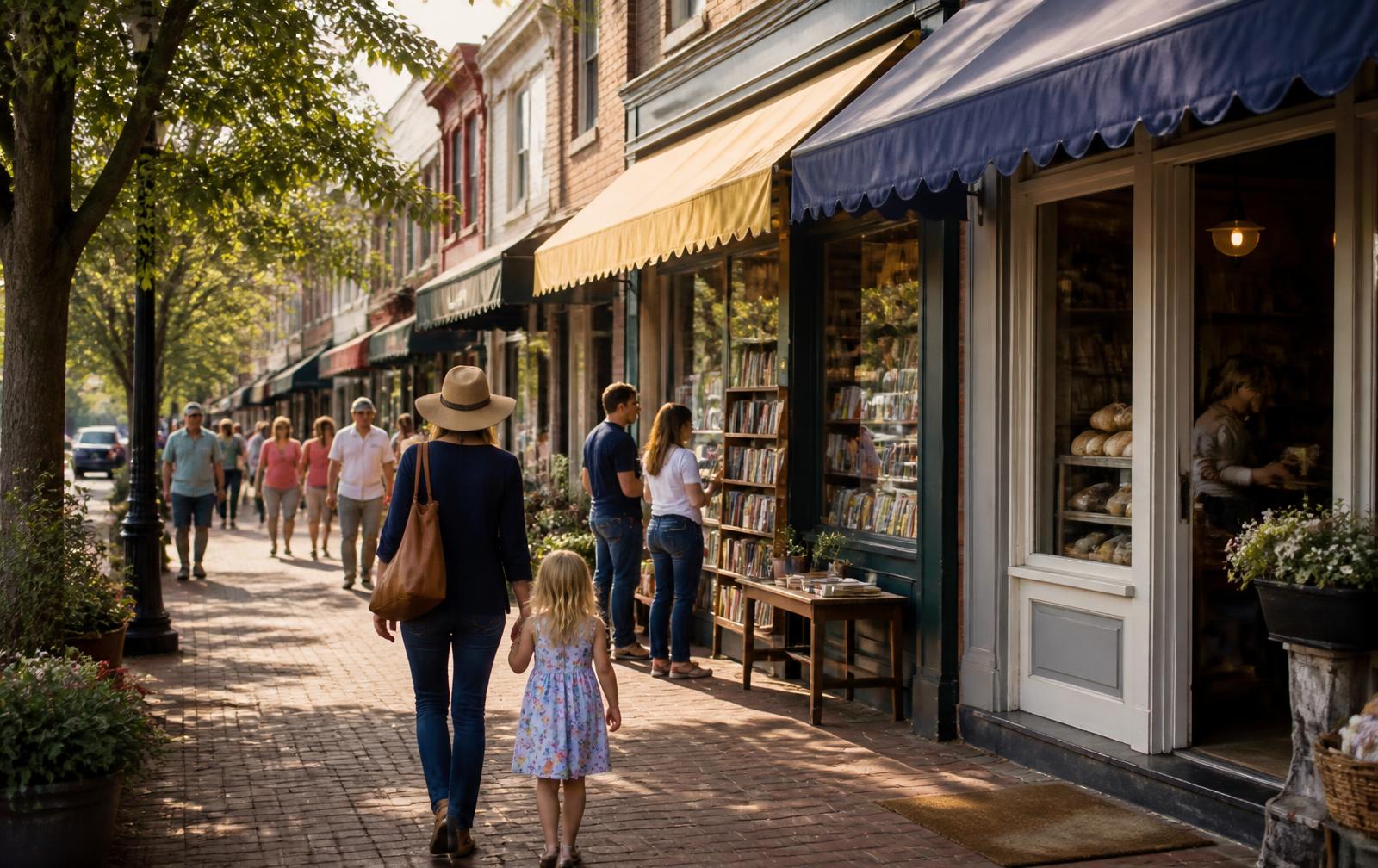 A neighborhood main street lined with independent storefronts